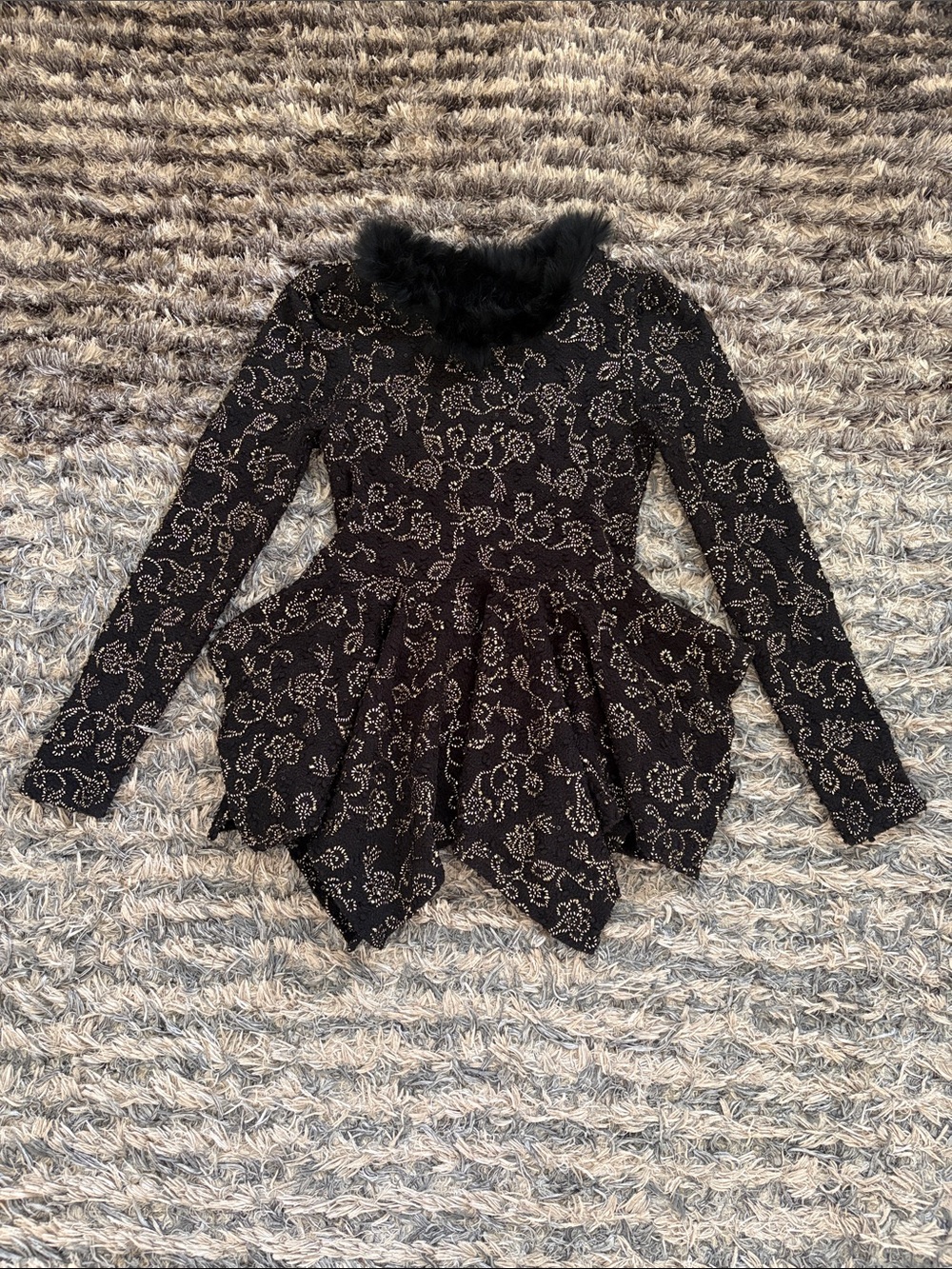 Black Gold Metallic Knit Real Rabbit Fur Collar Peplum Top Blouse S